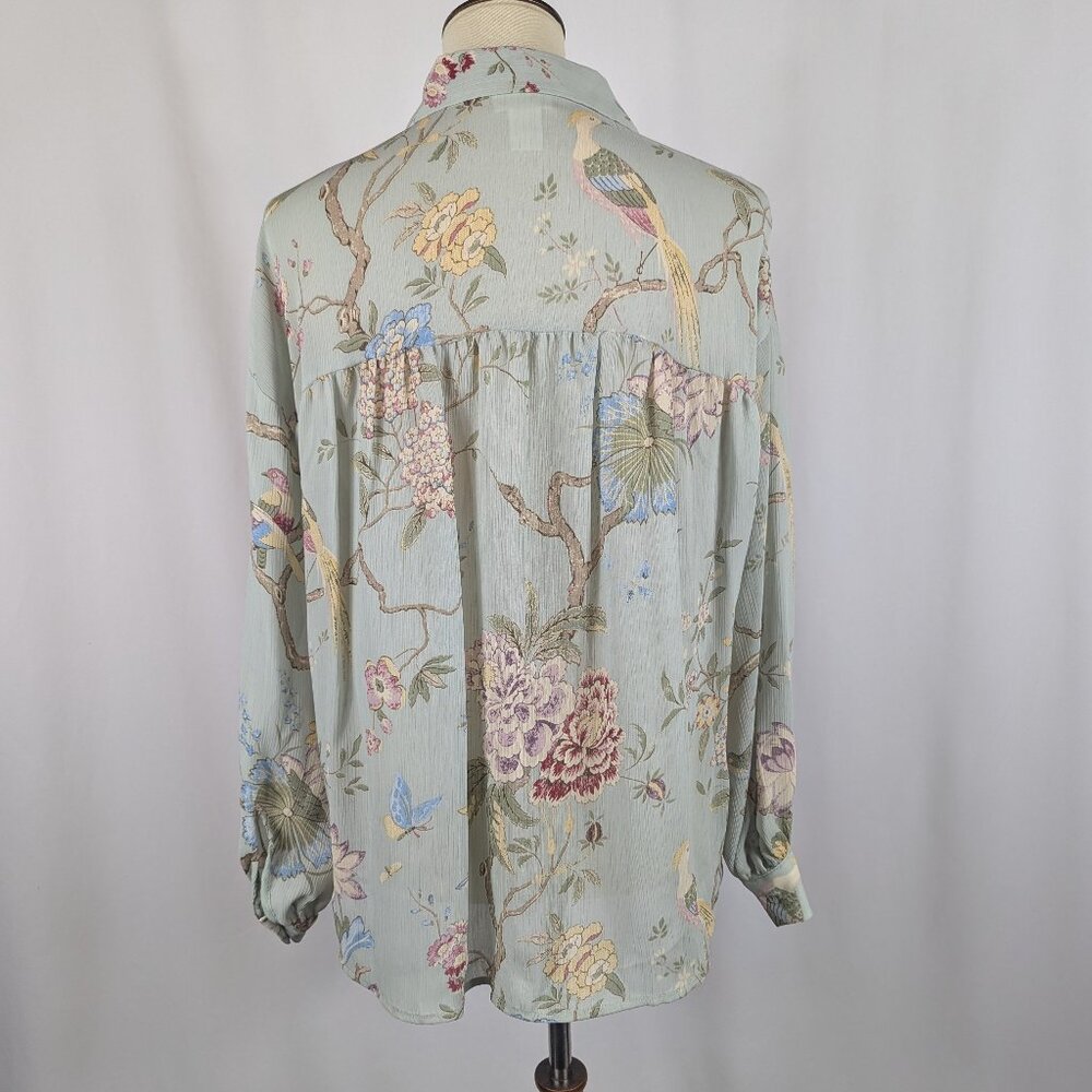 H&M x GP & J Baker Mint Green Floral Bird Print Blouse Asian Romantic Sz 8 - Picture 3 of 7